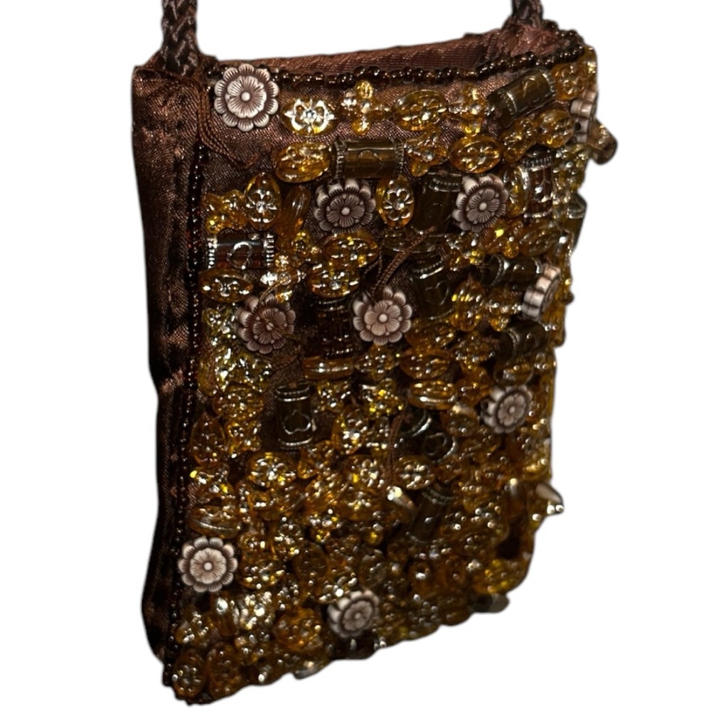 Small Handmade Brown Beaded Evening Bag 3x4" w Braided Shoulder Strap - Picture 5 of 8